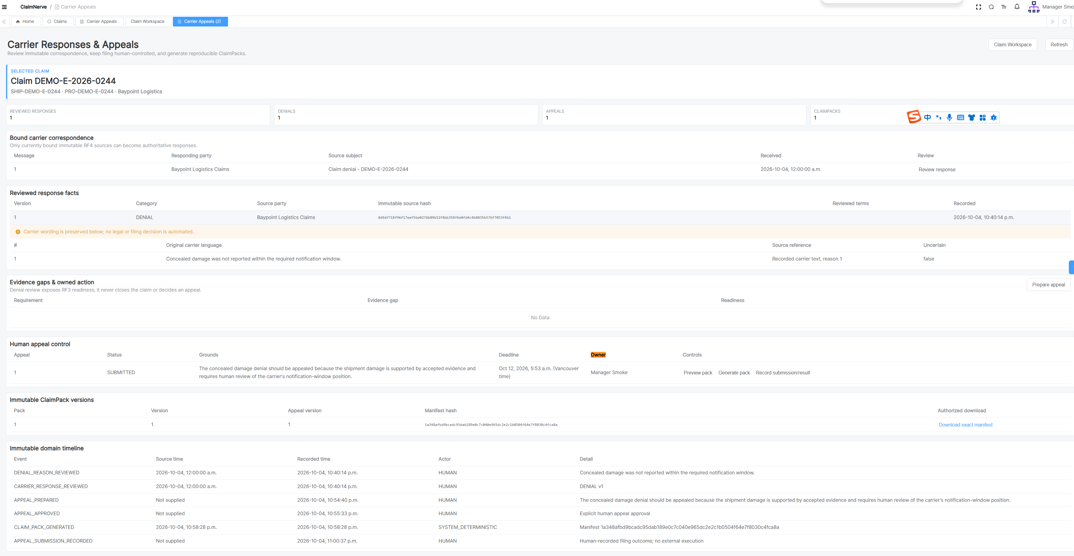 ClaimNerve Carrier Responses and Appeals screen for a synthetic demo claim: bound carrier correspondence, a reviewed denial with the carrier's original wording, human appeal control with status and deadline, versioned ClaimPack manifests and an immutable timeline of human and system events.